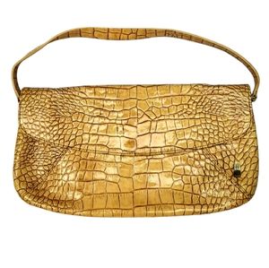 Gold Croc-Embossed Shoulder Clutch